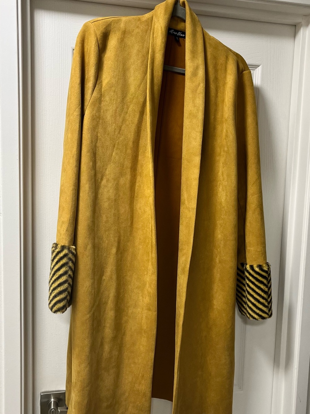 Alice Blue Mustard Open-Front Suede-Like Trench Coat with Striped Cuffs